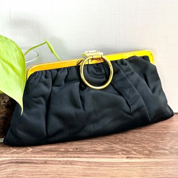 Vintage Black Satin Evening Purse with Gold-Tone Frame & Snap Closure - Picture 2 of 11